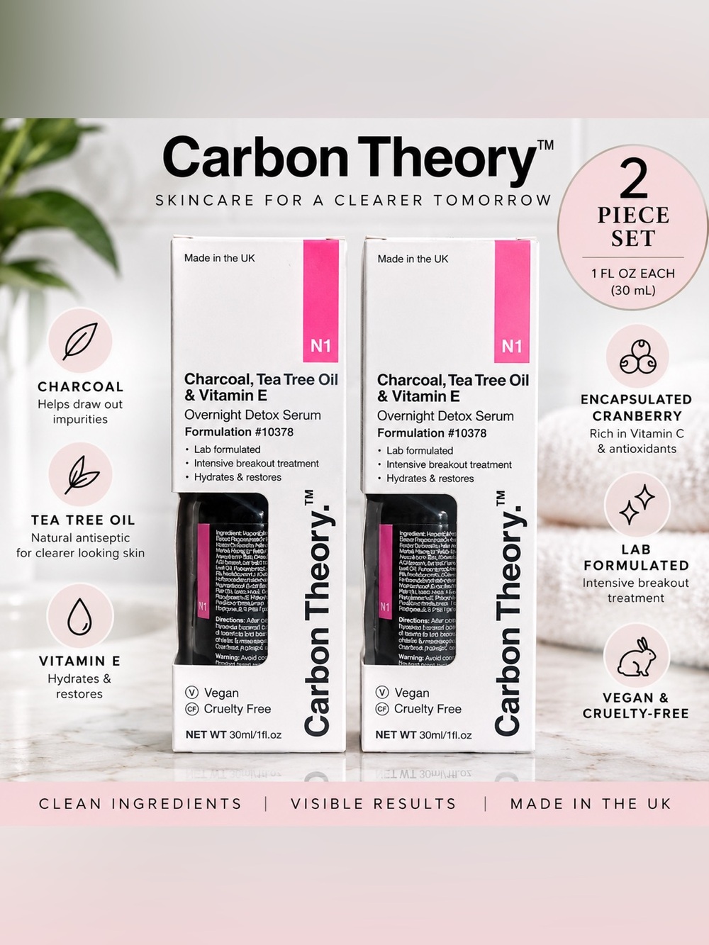 Carbon Theory Overnight Detox Serum Charcoal Tea Tree Vitamin E Set of 2